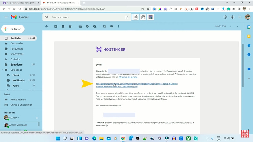 verificar email de dominio hostinger